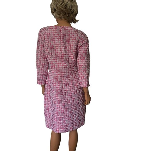 Vtg Thick Poly Mod Floral Pink Shift Dress Poka Dot Pockets Lined Boat Collar 3D - Picture 7 of 16
